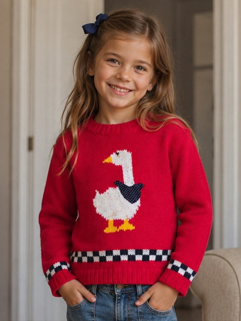 Vintage Hand Made Knit Sage Lauren Red Goose Duck Sweater Unisex Medium 6